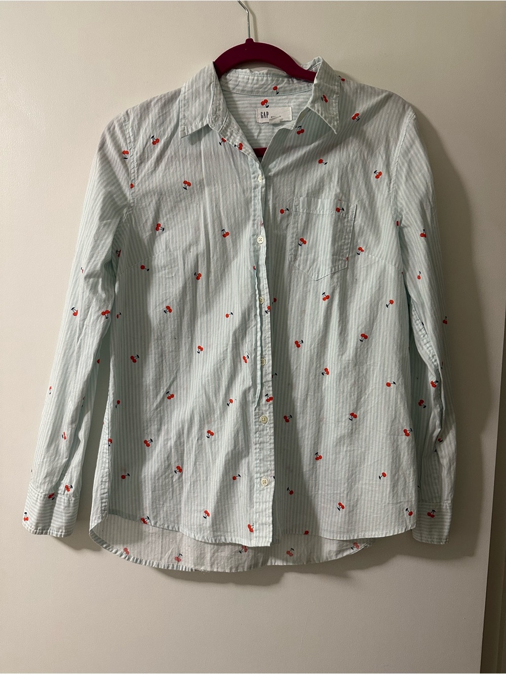 Pin-Stripe Light Blue Boyfriend Fit Gap Button-Up Shirt with Cherry Print